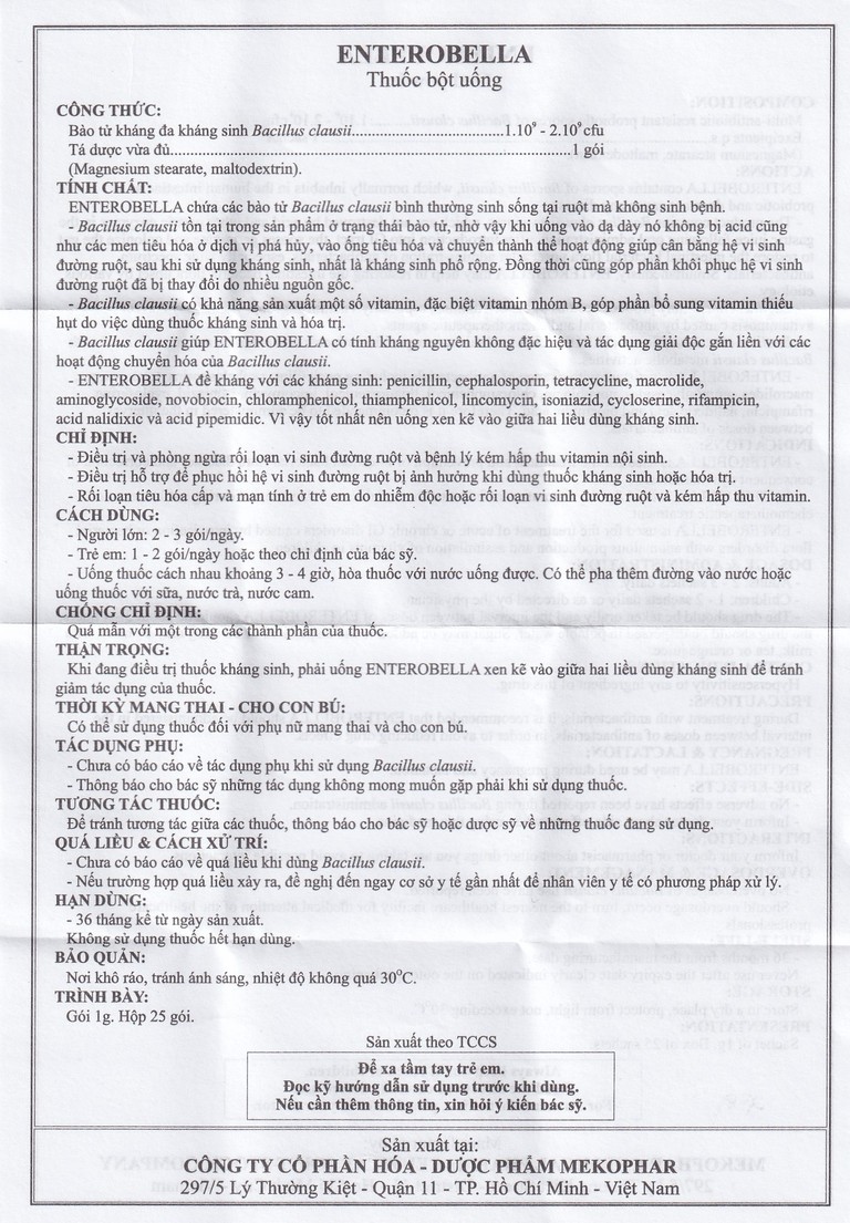 Thuốc bột Enterobella Mekophar điều trị và phòng ngừa rối loạn vi sinh đường ruột (25 gói x 1g)