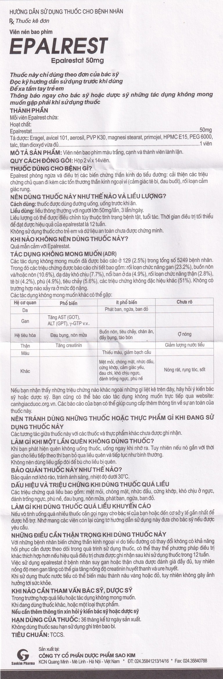 Thuốc Epalrest 50mg SaoKim Pharma phòng và điều trị biến chứng đái tháo đường (2 vỉ x 14 viên)