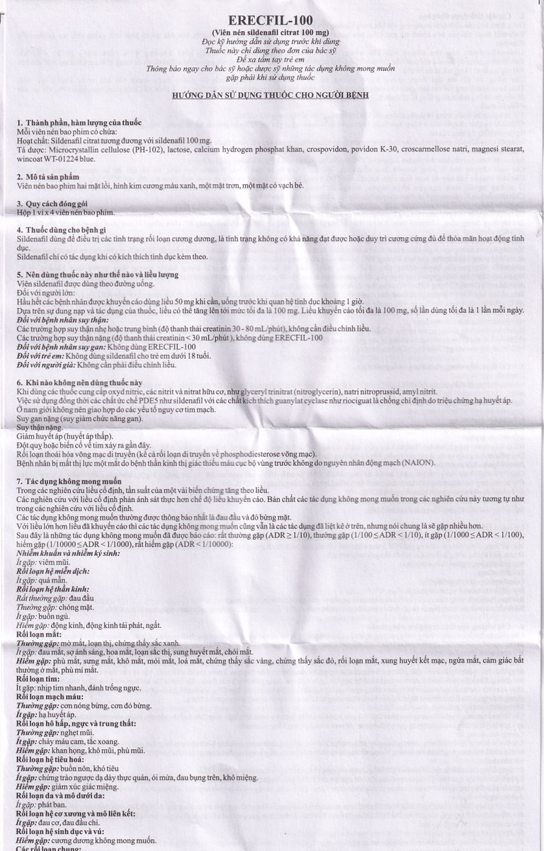 Thuốc Erecfil-100 Sildenafil Citrate điều trị rối loạn cương dương (1 vỉ x 4 viên)