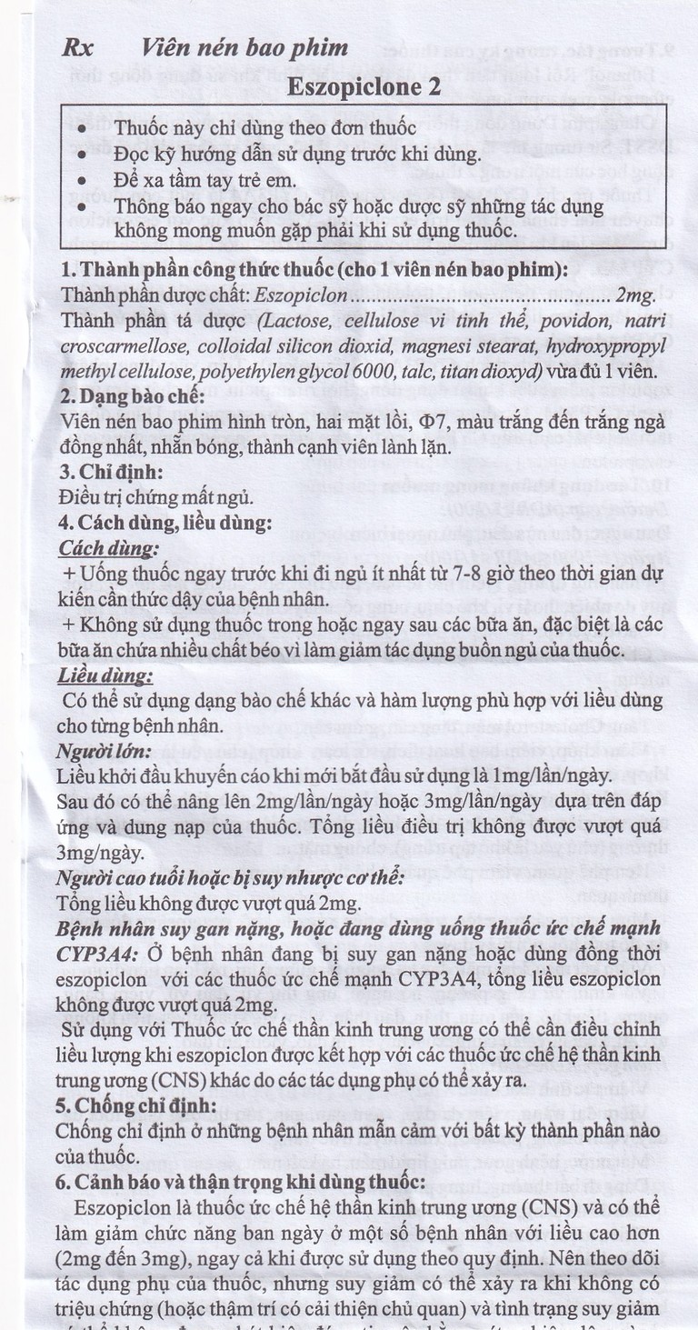 Thuốc Eszopiclone 2mg Minh Dân điều trị chứng mất ngủ (3 vỉ x 10 viên)