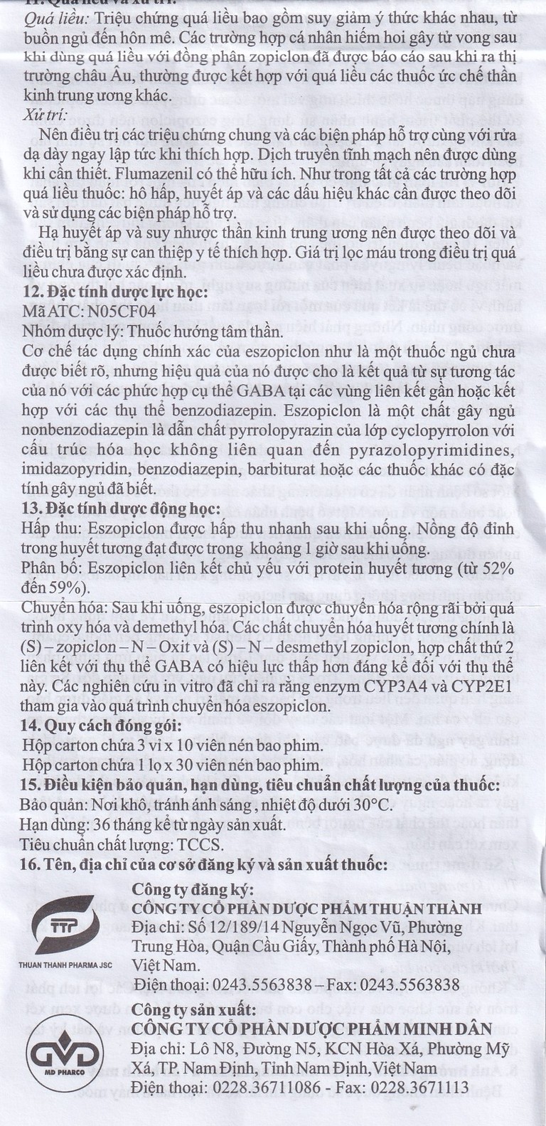 Thuốc Eszopiclone 2mg Minh Dân điều trị chứng mất ngủ (3 vỉ x 10 viên)