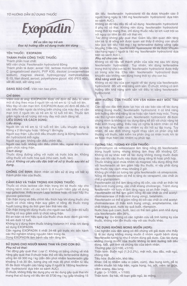 Thuốc Exopadin 60mg Trường Thọ điều trị viêm mũi dị ứng, mày đay (3 vỉ x 10 viên) 