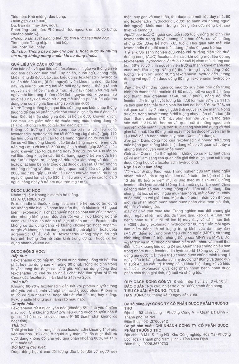 Thuốc Exopadin 60mg Trường Thọ điều trị viêm mũi dị ứng, mày đay (3 vỉ x 10 viên) 