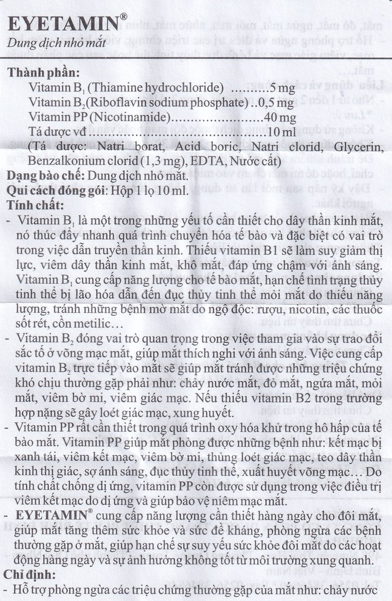 Dung dịch nhỏ mắt Eyetamin 10ml Bidiphar hỗ trợ phòng ngừa các triệu chứng chảy nước mắt, đỏ mắt 