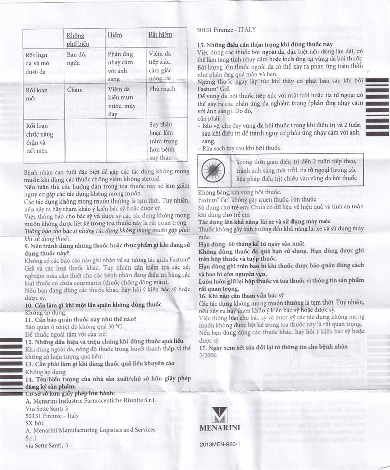 Gel Fastum Menarini giảm đau và kháng viêm cơ xương khớp (30g)