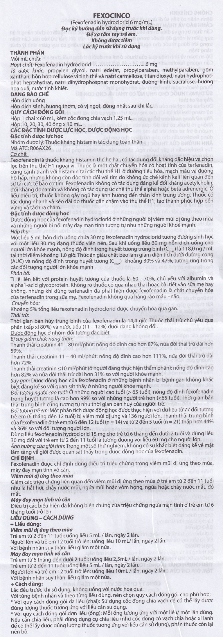 Thuốc Fexocinco 6mg Hà Nam điều trị triệu chứng viêm mũi dị ứng và mày đay mạn tính (20 ống x 10ml)