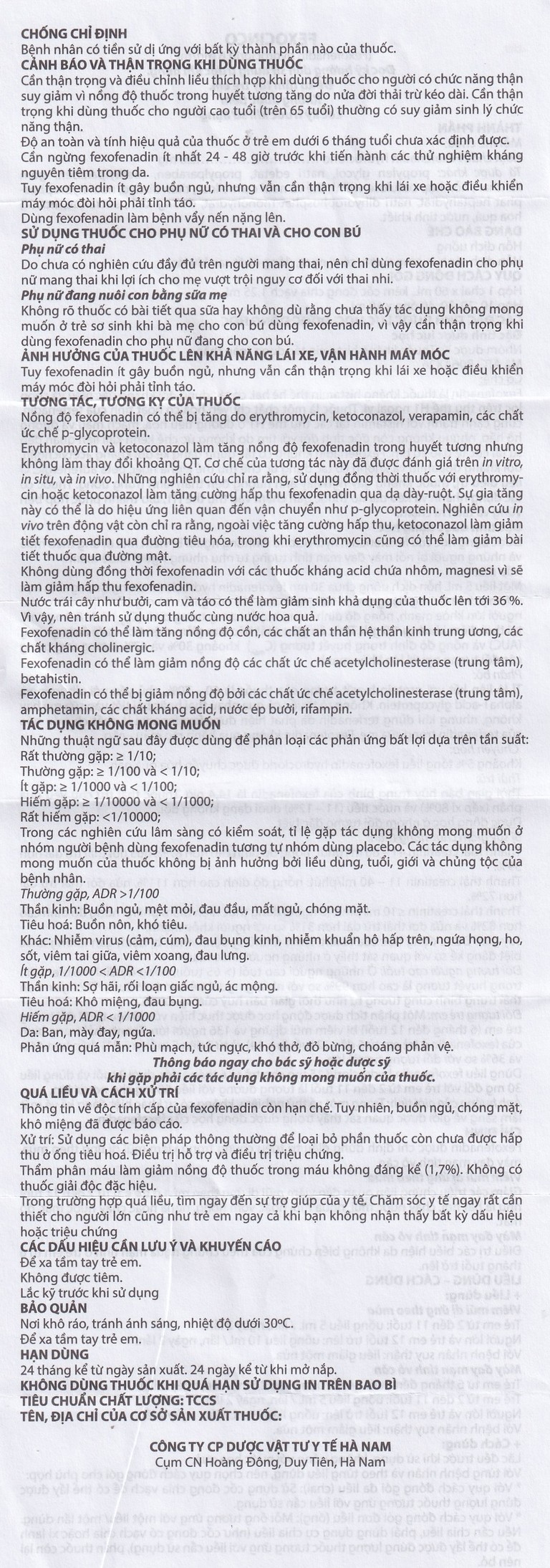Thuốc Fexocinco 6mg Hà Nam điều trị triệu chứng viêm mũi dị ứng và mày đay mạn tính (20 ống x 10ml)