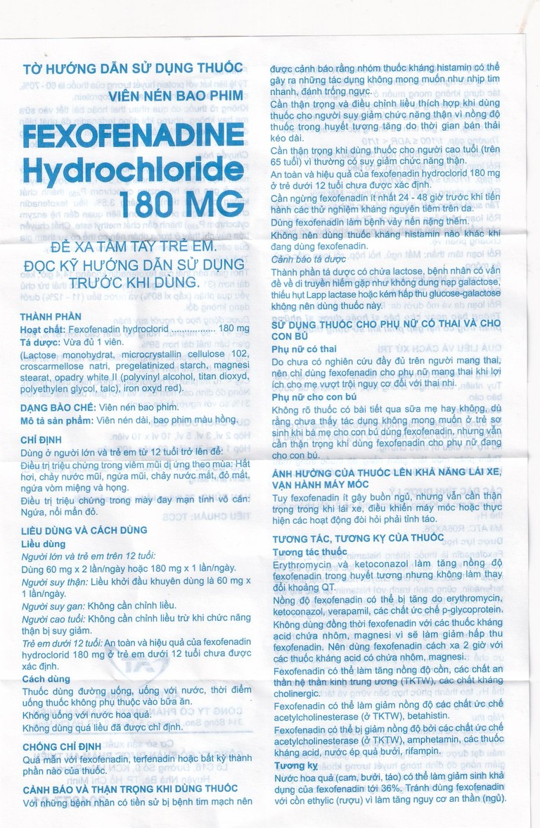 Thuốc Fexofenadine Hydrochloride 180mg An Thiên điều trị viêm mũi dị ứng theo mùa (3 vỉ x 10 viên)