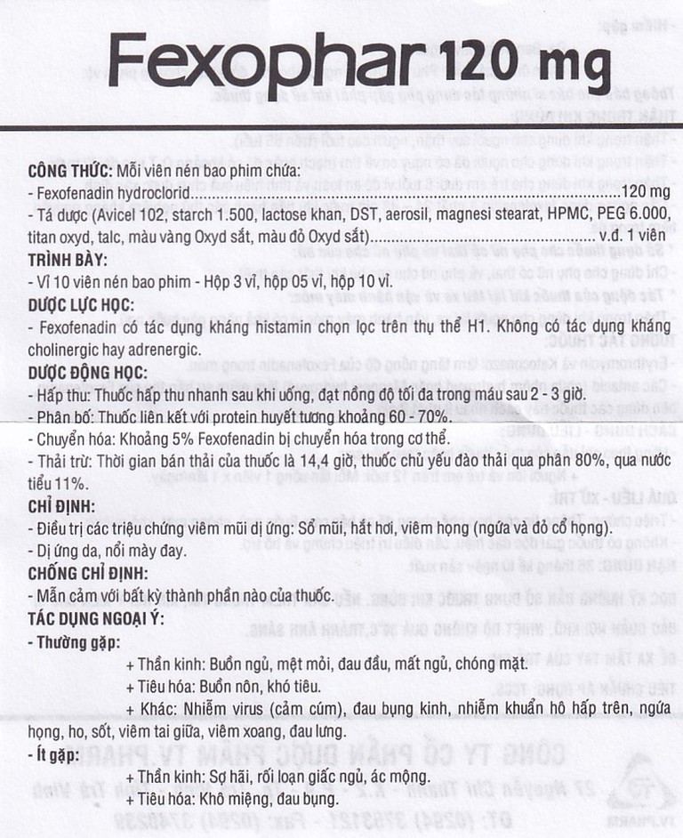 Thuốc Fexophar 120mg TV.Pharm điều trị triệu chứng viêm mũi dị ứng, sổ mũi, hắt hơi, dị ứng da (5 vỉ x 10 viên)