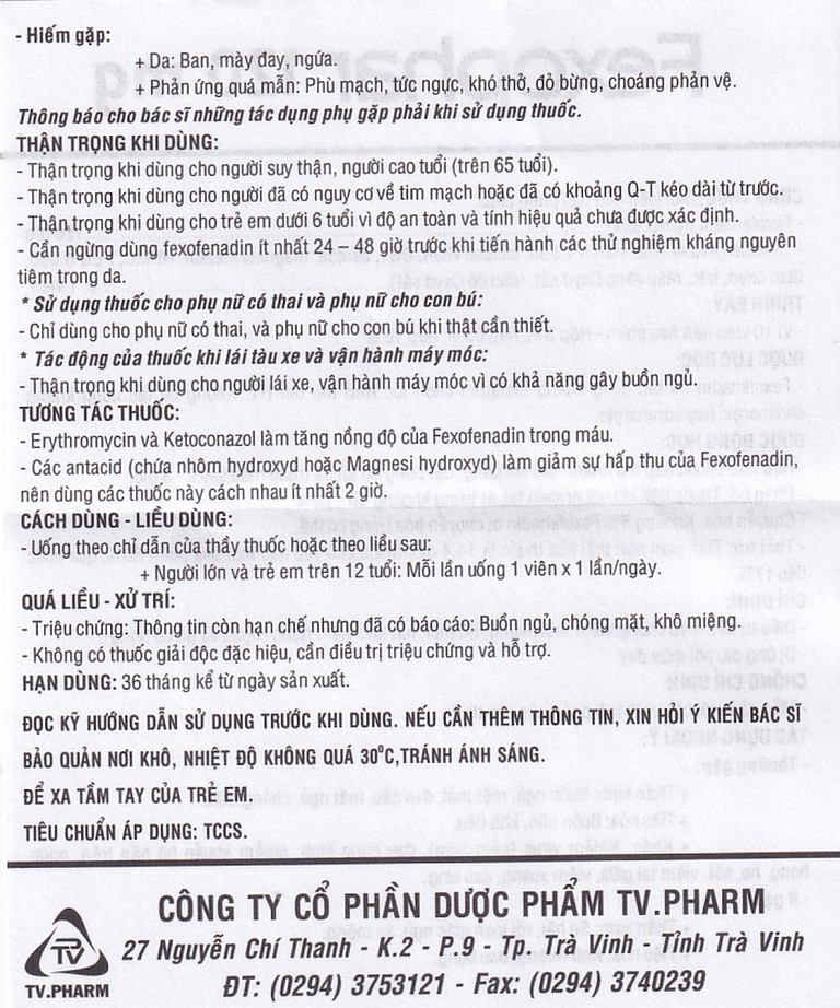 Thuốc Fexophar 120mg TV.Pharm điều trị triệu chứng viêm mũi dị ứng, sổ mũi, hắt hơi, dị ứng da (5 vỉ x 10 viên)