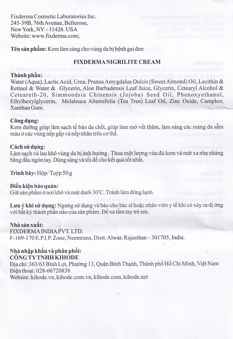 Kem bôi Fixderma Nigrilite làm mờ vết thâm cơ thể (50g)