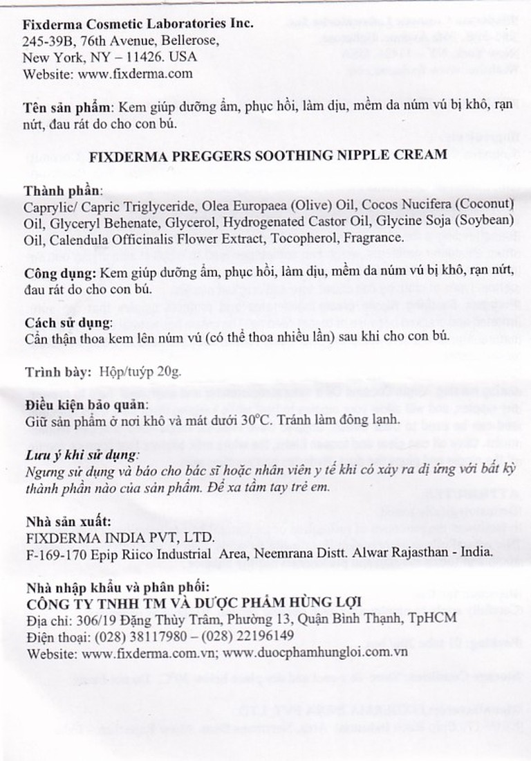 Kem bôi Fixderma Pregger's Soothing Nipple Cream dưỡng ẩm giảm nứt núm vú (20g)