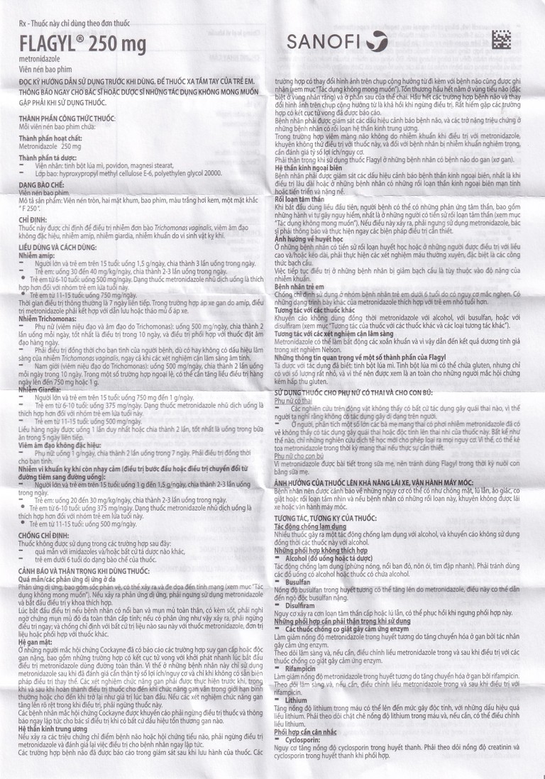 Thuốc Flagyl 250mg Sanofi điều trị nhiễm khuẩn (2 vỉ x 10 viên)