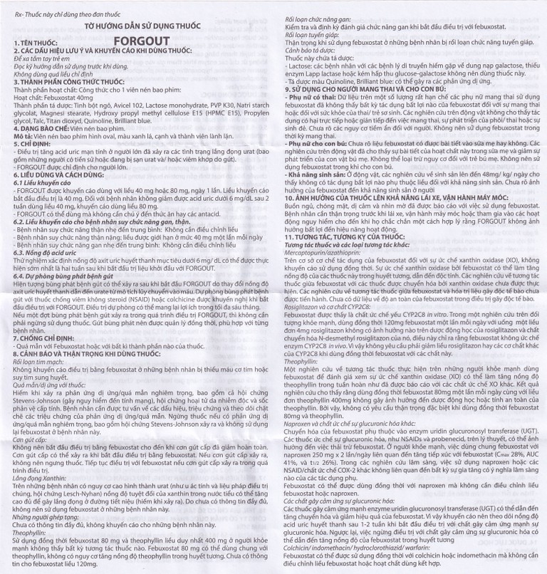 Thuốc Forgout 40mg TW3 điều trị tăng acid uric mạn tính, viêm khớp do gout (2 vỉ x 15 viên)