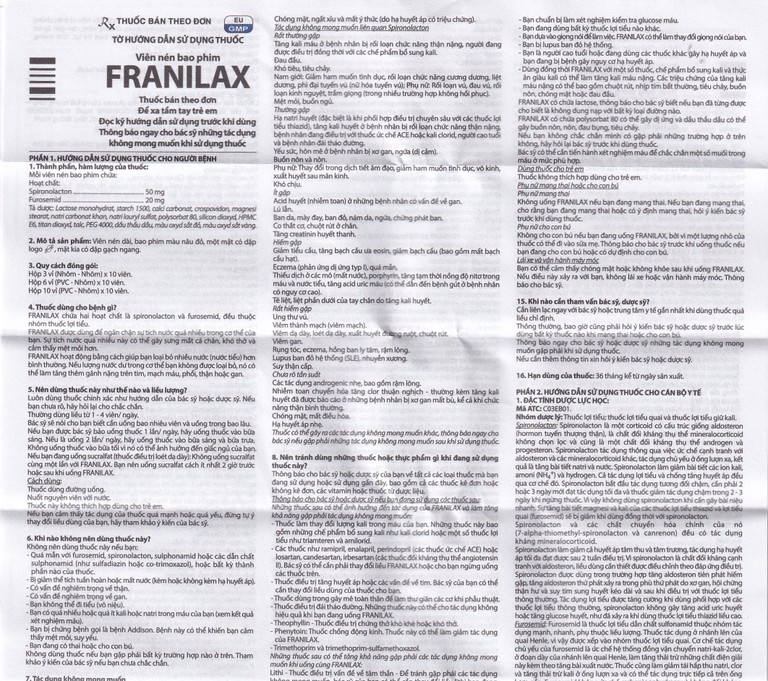 Thuốc Franilax 50mg/20mg Davipharm ngăn chặn sự tích tụ nước trong cơ thể (3 vỉ x 10 viên)