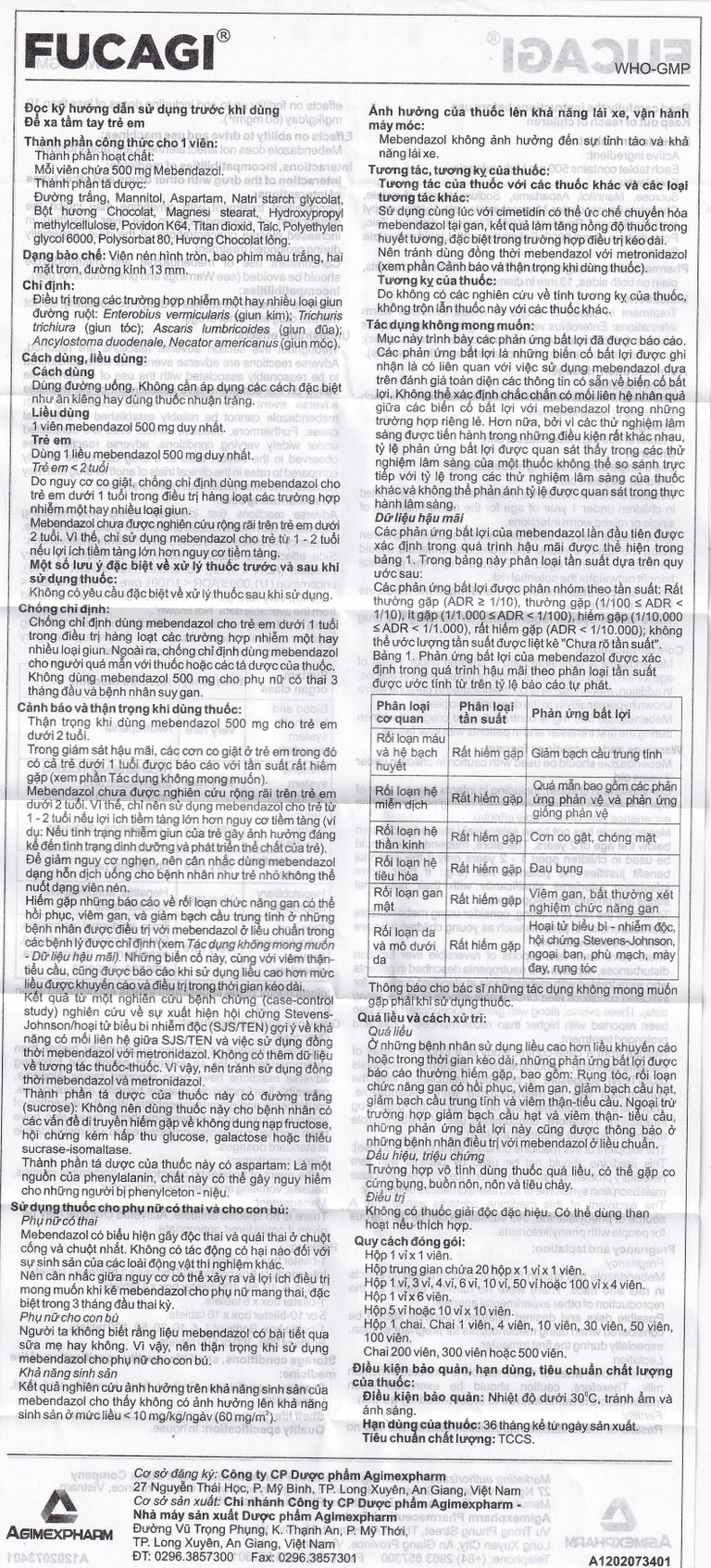 Thuốc Fucagi 500mg Agimexpharm điều trị nhiễm một hoặc nhiều loại giun đường ruột (1 viên)