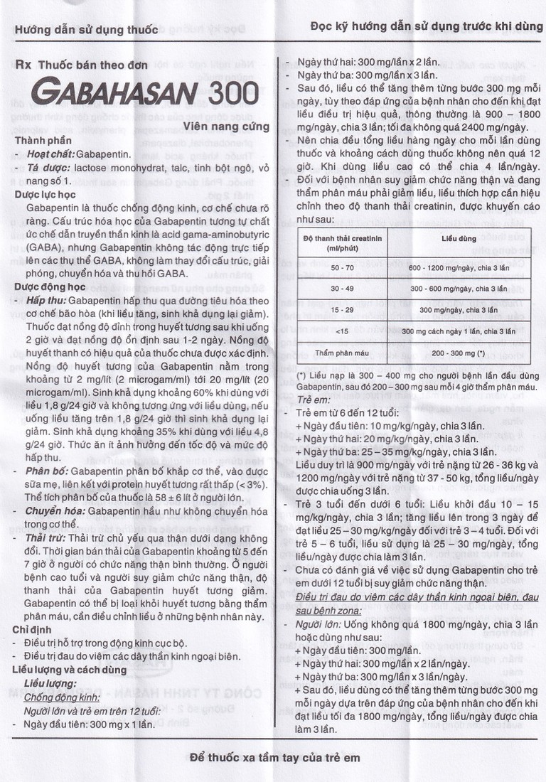 Thuốc Gabahasan 300 Hasan điều trị hỗ trợ trong động kinh cục bộ, đau viêm dây thần kinh ngoại biên (3 vỉ x 10 viên)
