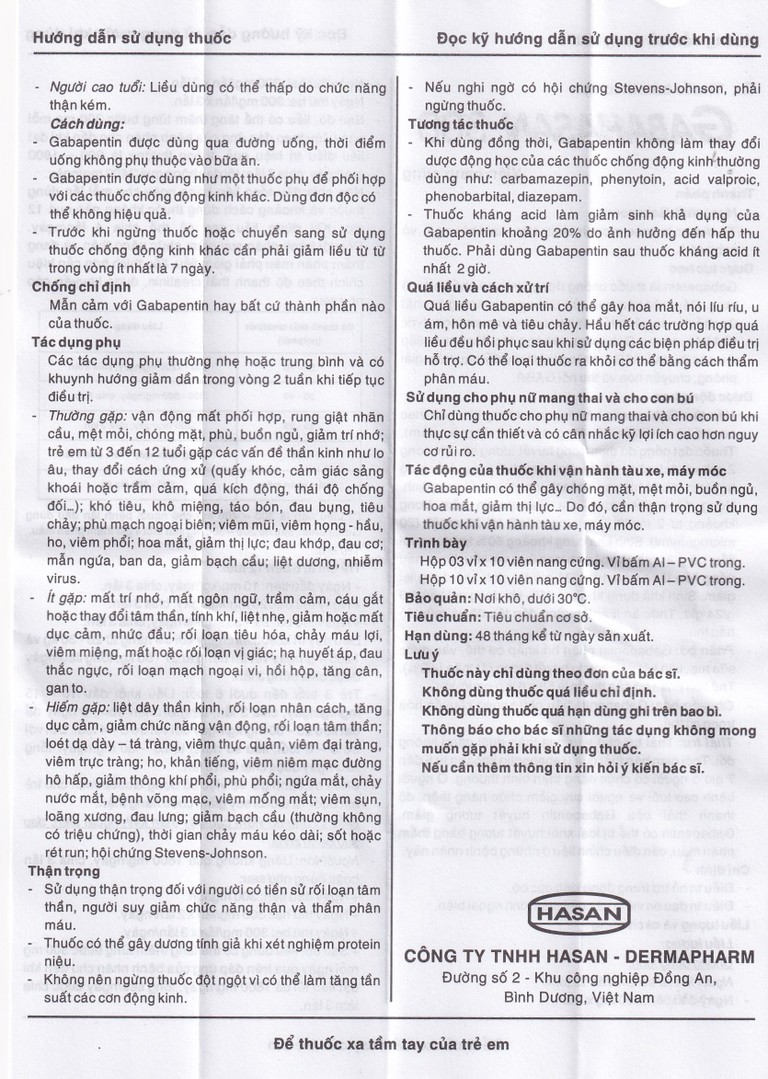 Thuốc Gabahasan 300 Hasan điều trị hỗ trợ trong động kinh cục bộ, đau viêm dây thần kinh ngoại biên (3 vỉ x 10 viên)