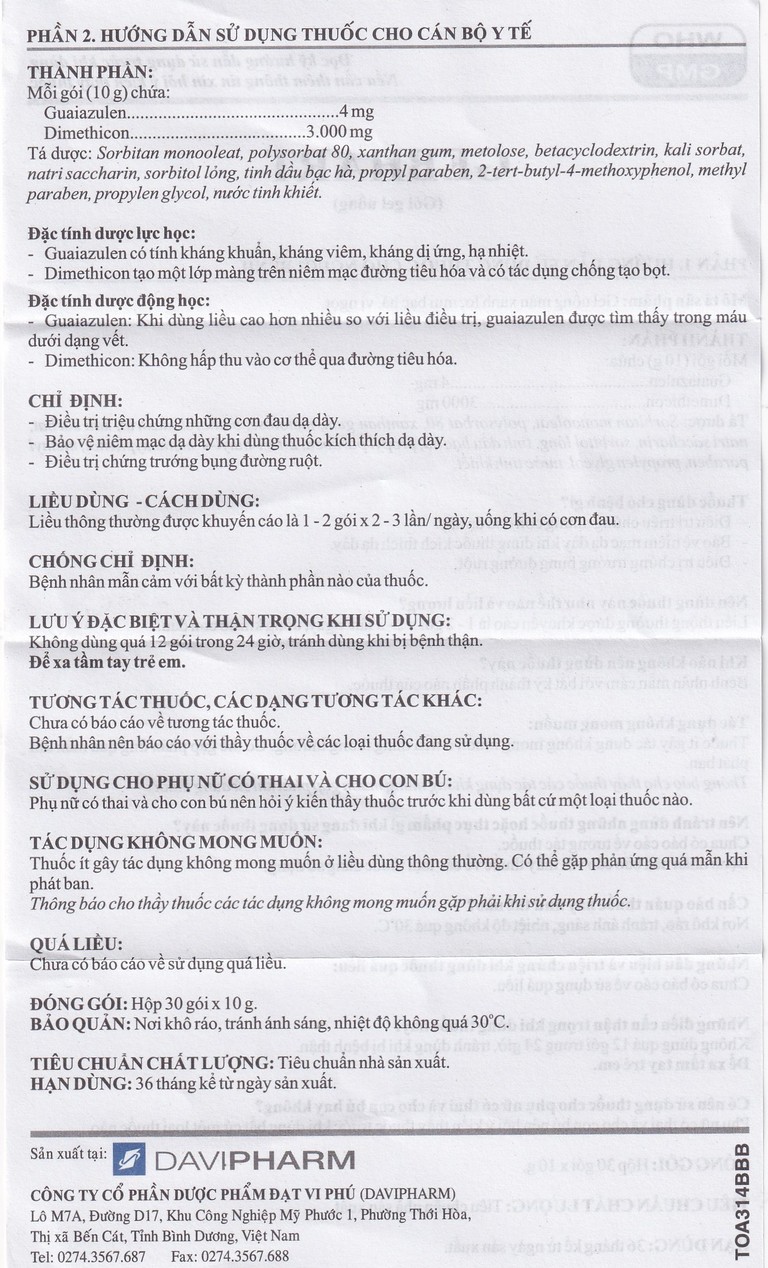Gel uống Gebhart Davipharm điều trị triệu chứng cơn đau dạ dày (30 gói x 10g)