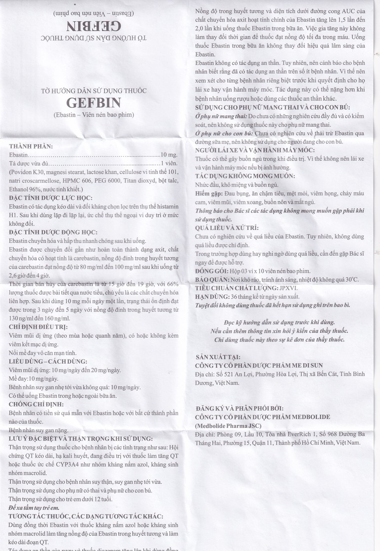 Thuốc Gefbin Medisun điều trị viêm mũi dị ứng, mề đay vô căn mạn tính (3 vỉ x 10 viên)