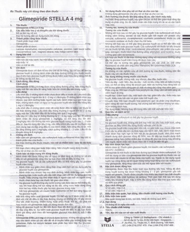 Thuốc Glimepiride Stella 4mg kiểm soát đường huyết ở bệnh tiểu đường típ 2 (3 vỉ x 10 viên)