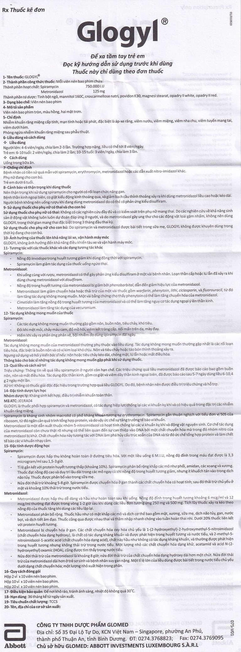Viên nén Glogyl Glomed điều trị nhiễm khuẩn răng miệng cấp tính, mạn tính (2 vỉ x 10 viên)