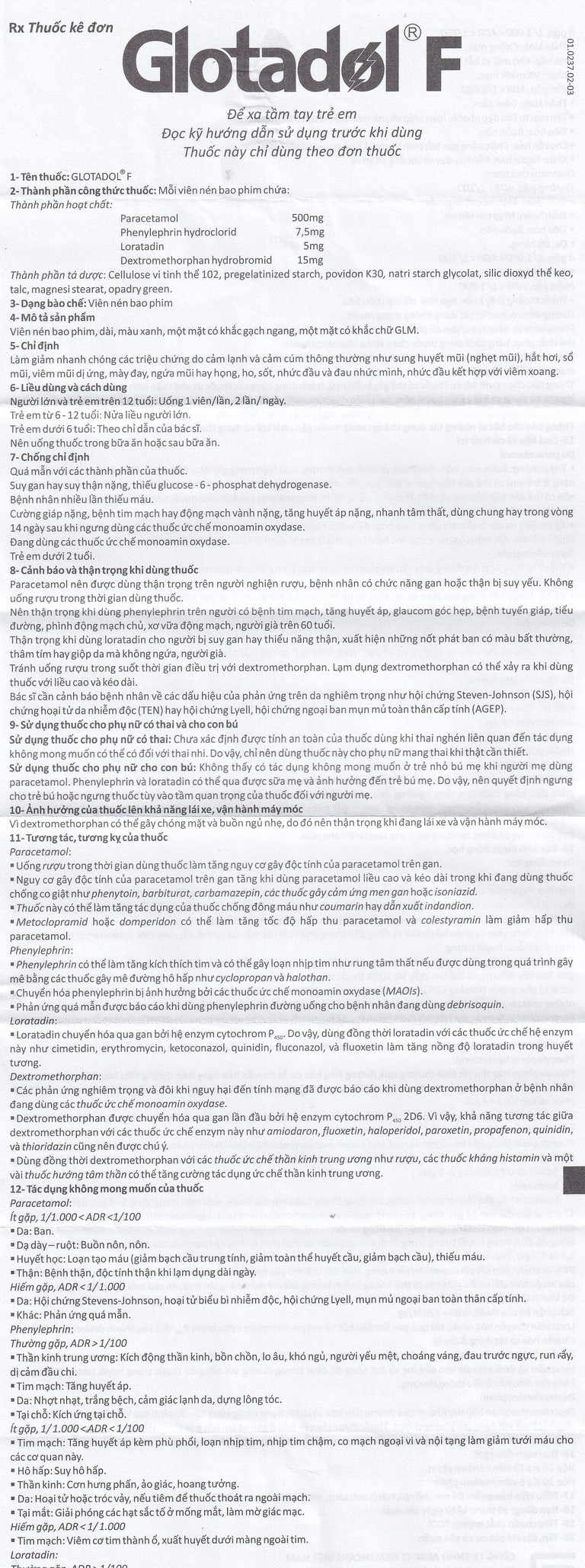 Thuốc Glotadol F Glomed hỗ trợ giảm nhanh các triệu chứng do cảm cúm, cảm lạnh (10 vỉ x 10 viên)