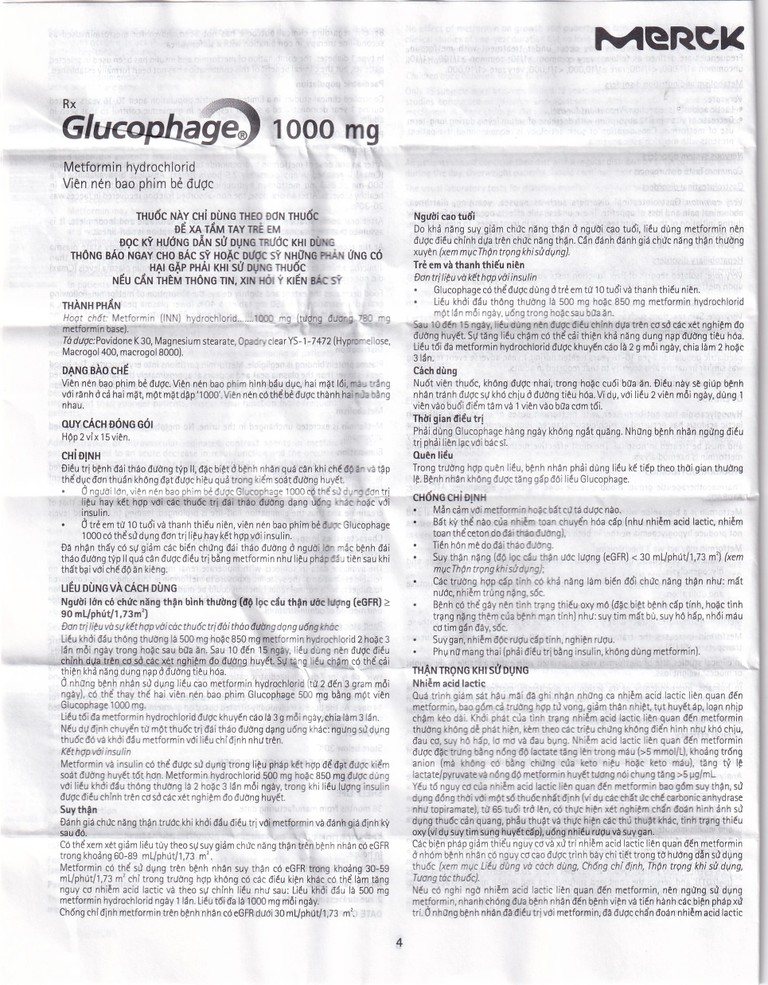 Thuốc Glucophage 1000mg Merck điều trị đái tháo đường típ 2 (2 vỉ x 15 viên)