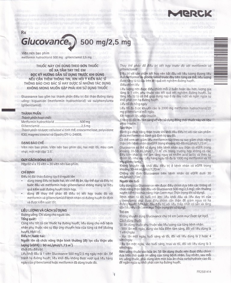 Thuốc Glucovance 500mg/2.5 mg Merck điều trị tiểu đường típ 2 (2 vỉ x 15 viên)