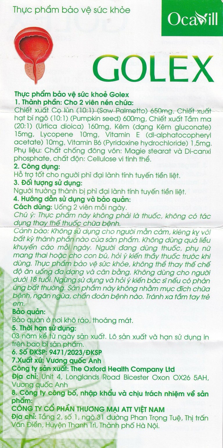 Viên uống Golex Ocavill hỗ trợ chống lại sự phình to của tuyến tiền liệt, cải thiện các rối loạn tiểu tiện (30 viên)
