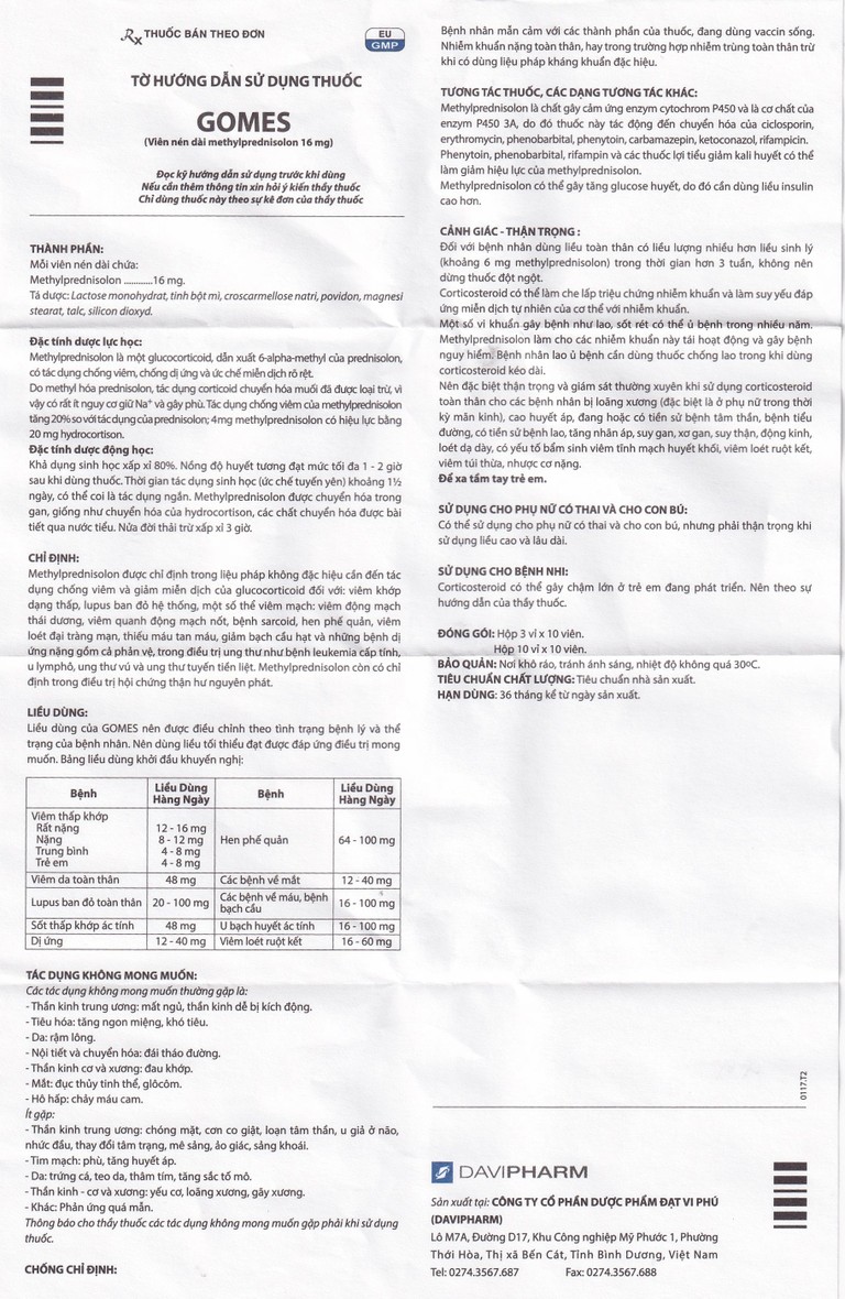 Thuốc Gomes 16mg Davipharm kháng viêm, điều trị viêm khớp dạng thấp, lupus ban đỏ hệ thống (3 vỉ x 10 viên)