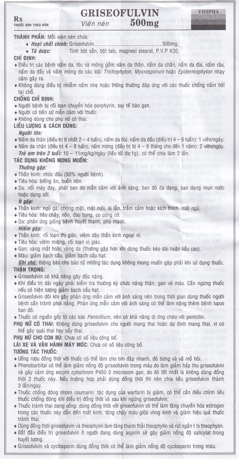Thuốc Griseofulvin 500mg Vidipha điều trị các bệnh nấm da, tóc, lông, móng tay, móng chân (2 vỉ x 10 viên)