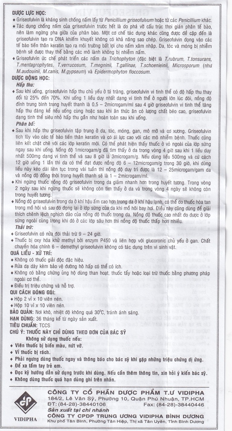 Thuốc Griseofulvin 500mg Vidipha điều trị các bệnh nấm da, tóc, lông, móng tay, móng chân (2 vỉ x 10 viên)