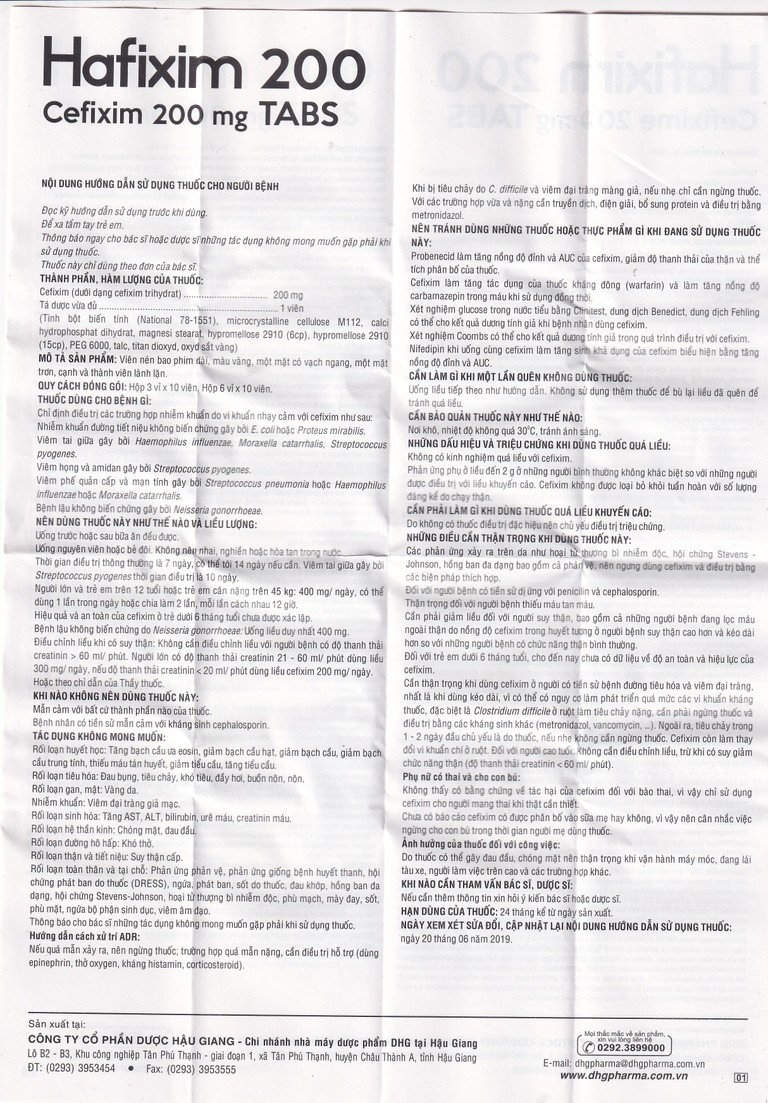 Thuốc Hafixim 200 Tabs DHG Pharma điều trị các trường hợp nhiễm khuẩn (3 vỉ x 10 viên)