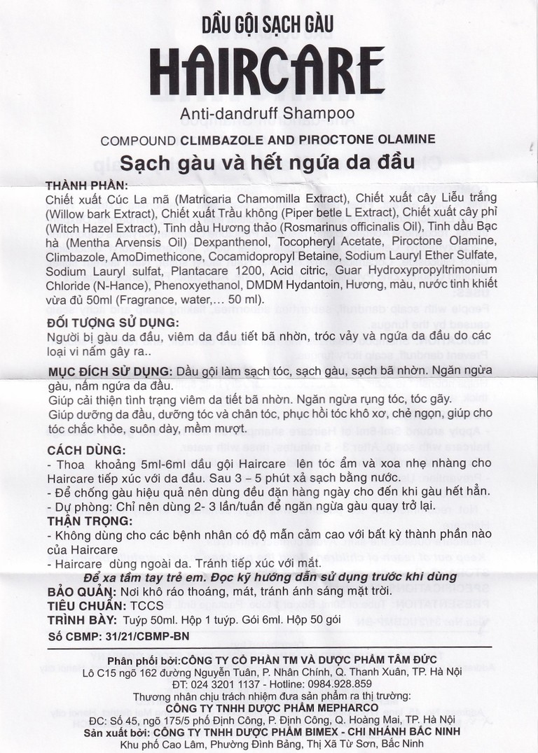 Dầu gội Haircare Bimex dưỡng tóc, ngăn ngừa gàu (50ml)
