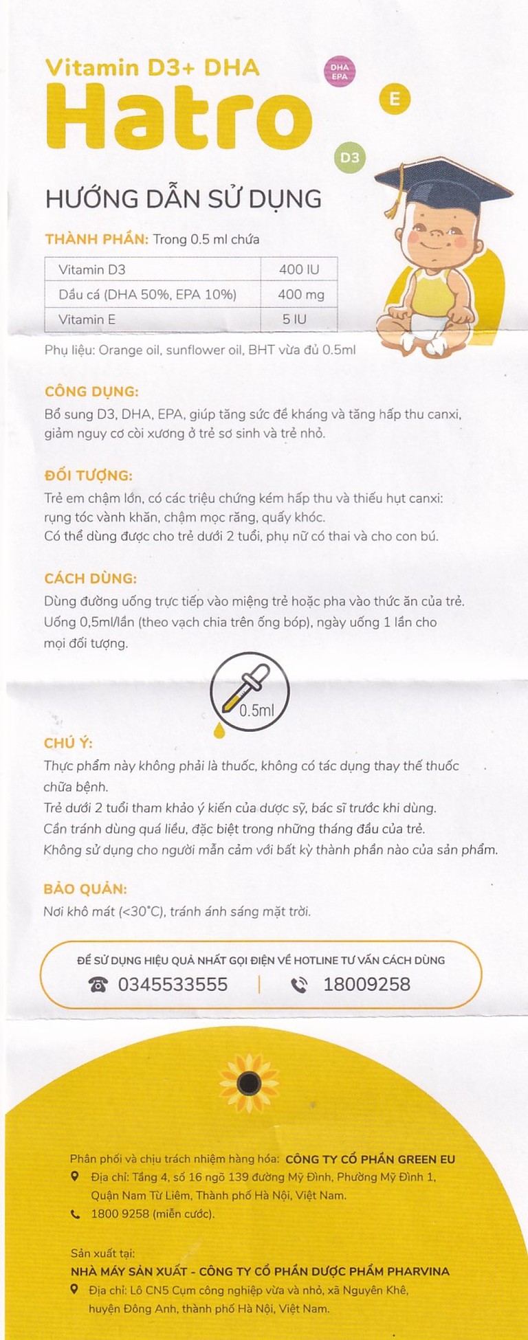 Dung dịch Vitamin D3+ DHA Hatro Pharvina tăng sức đề kháng, giảm nguy cơ còi xương (20ml)