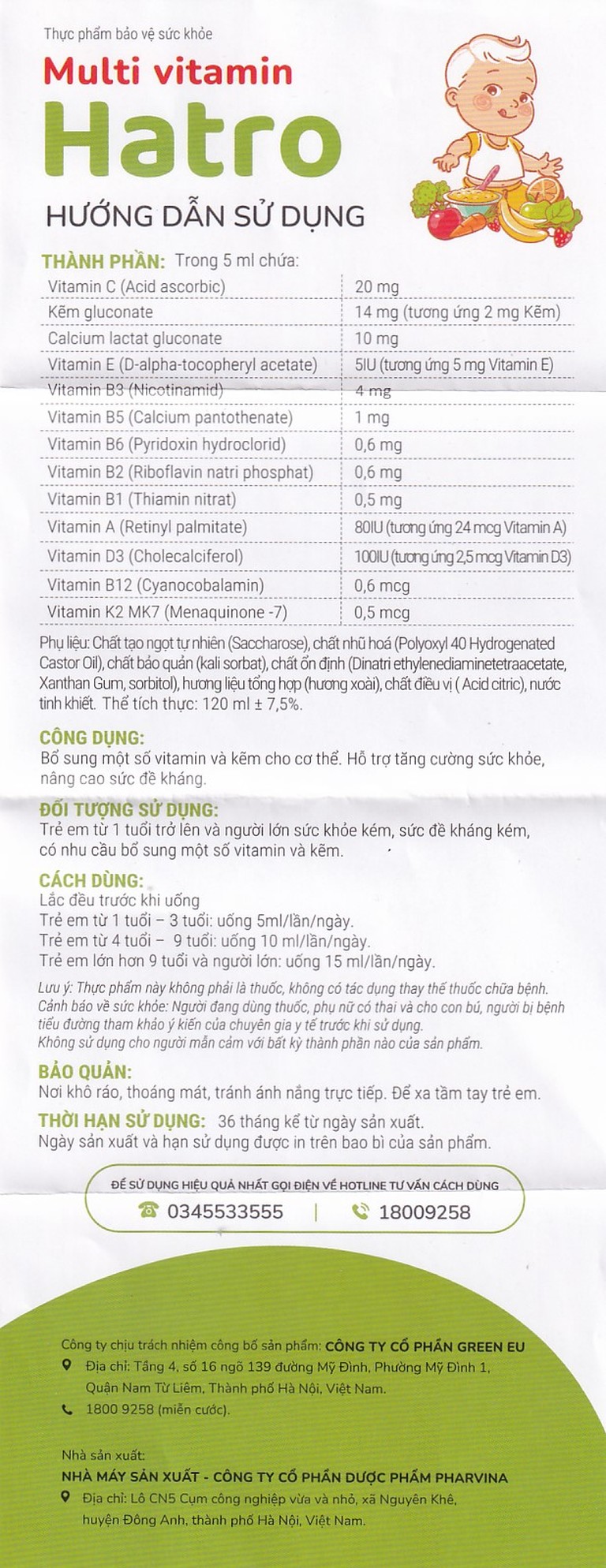 Siro Multi Vitamin Hatro hỗ trợ tăng cường sức khỏe, nâng cao sức đề kháng (120ml) 