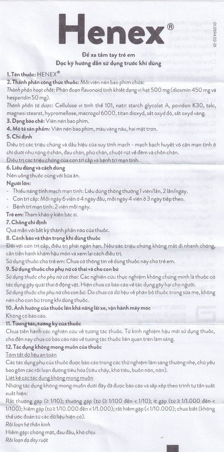 Thuốc Henex 500mg Abbott điều trị suy tĩnh mạch - mạch bạch huyết, cơn trĩ cấp (10 vỉ x 10 viên)