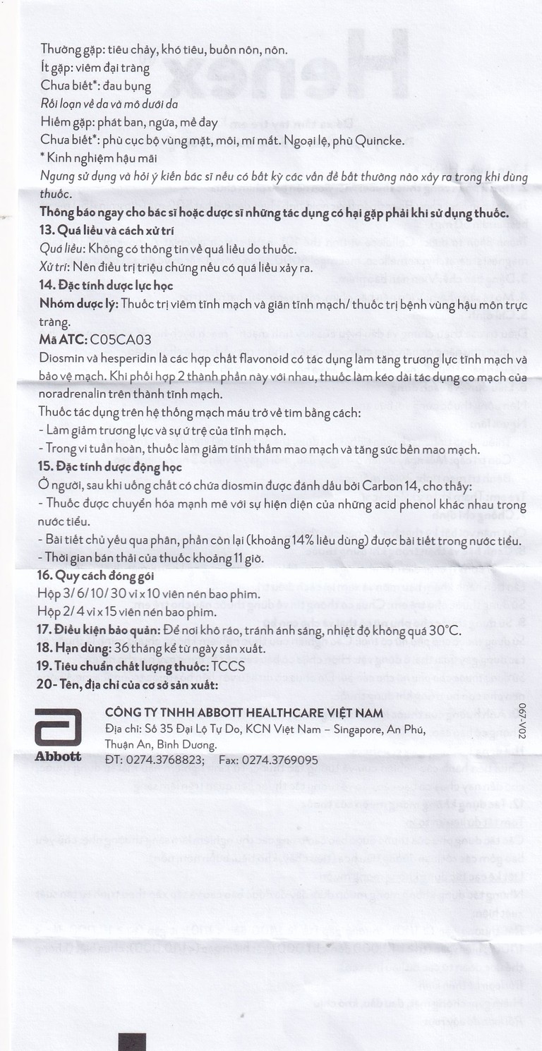 Thuốc Henex 500mg Abbott điều trị suy tĩnh mạch - mạch bạch huyết, cơn trĩ cấp (10 vỉ x 10 viên)