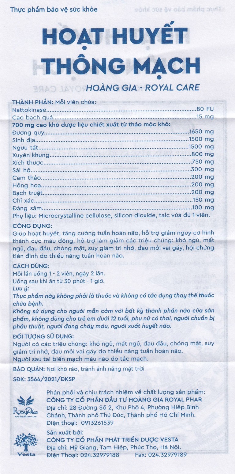 Viên uống Hoạt Huyết Thông Mạch Hoàng Gia Royal Care tăng cường tuần hoàn não (3 vỉ x 10 viên)