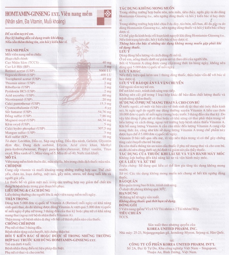 Thuốc Homtamin Ginseng Korea United cung cấp vitamin và muối khoáng (12 vỉ x 5 viên)