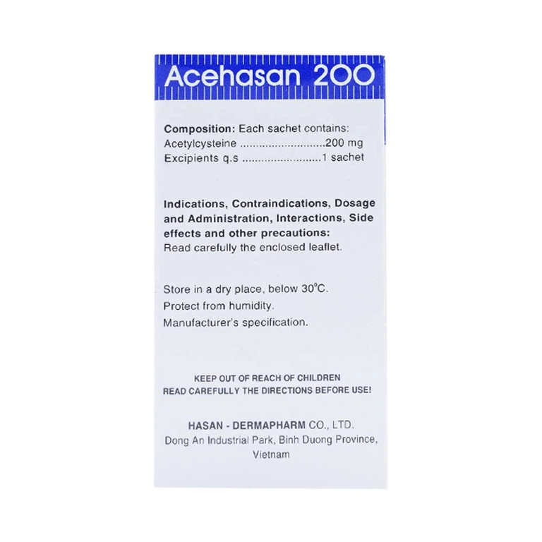 Thuốc Acehasan 200 làm loãng đờm trong các bệnh phế quản - phổi cấp và mãn tính (30 gói)