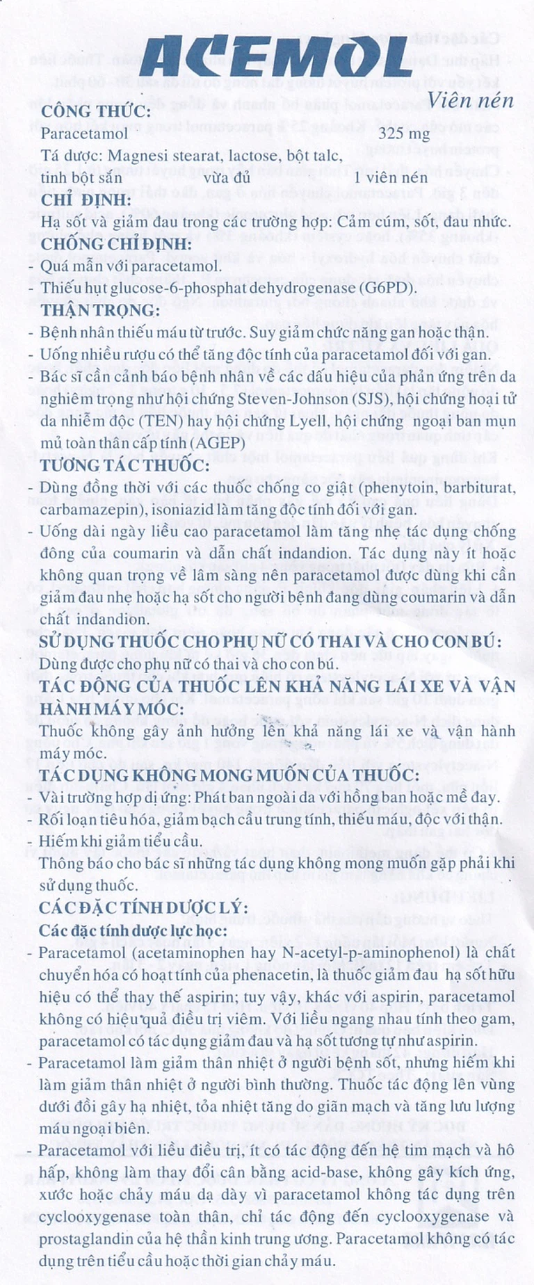 Thuốc Acemol 325mg Nadyphar hạ sốt và giảm đau (40 viên)