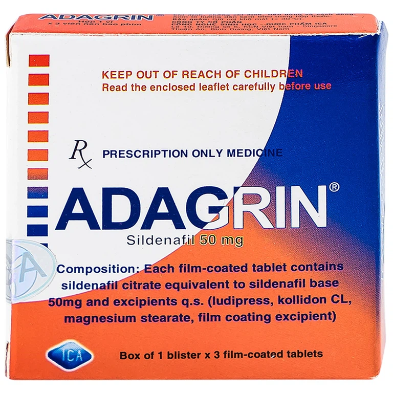 Thuốc Adagrin 50mg điều trị rối loạn cương dương (1 vỉ x 3 viên)