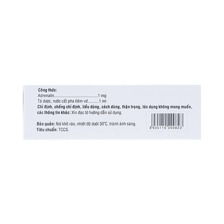 Dung dịch tiêm Adrenalin 1mg/1ml hồi sức tim phổi, cấp cứu choáng phản vệ (2 vỉ x 5 ống)