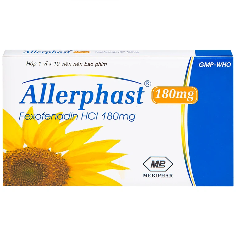 Thuốc Allerphast 180mg Mebiphar điều trị viêm mũi dị ứng theo mùa, mày đay mạn tính vô căn (1 vỉ x 10 viên)