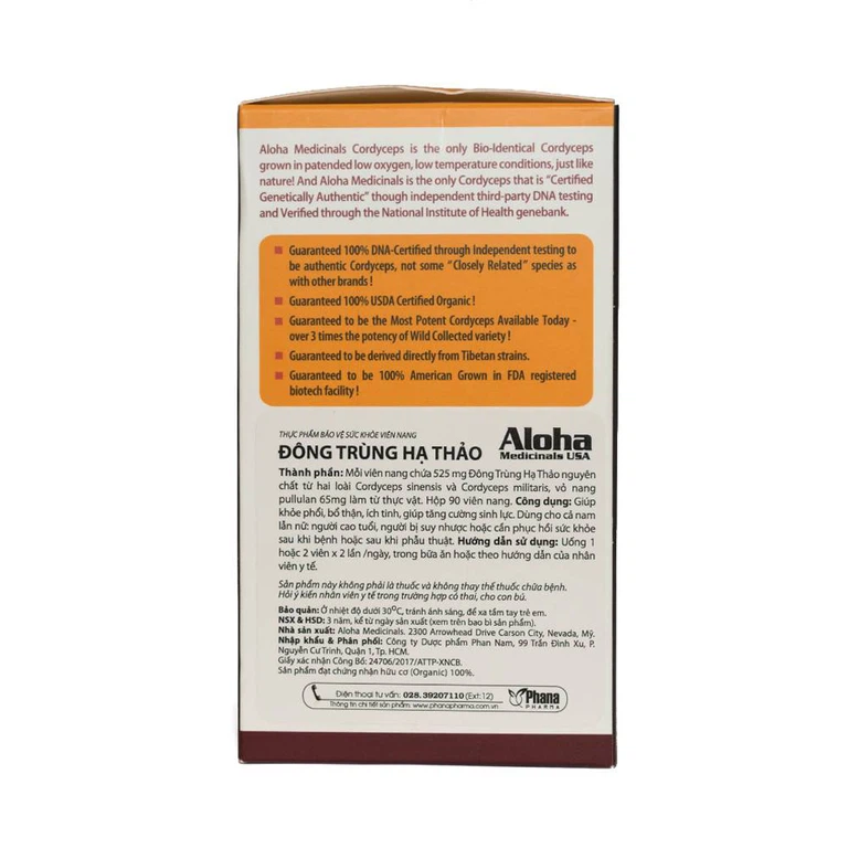 Viên uống đông trùng hạ thảo Aloha Medicinals USA giúp khoẻ phổi, bổ thận (90 viên)