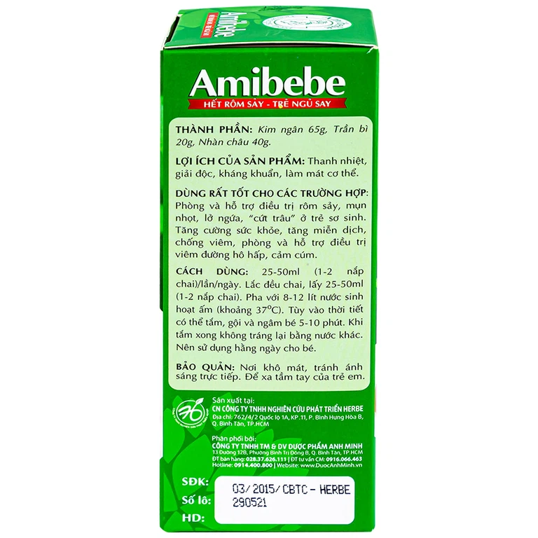 Nước tắm trẻ em Amibebe Herbe phòng và hỗ trợ điều trị rôm sảy (250ml)