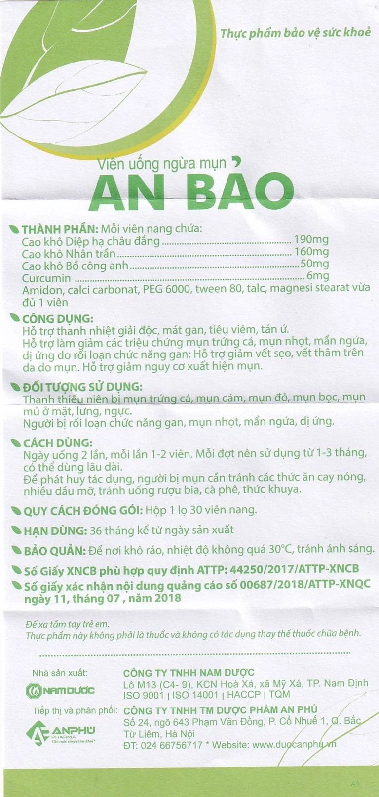 Viên uống ngừa mụn An Bảo Nam Dược sạch mụn, chống thâm, mờ sẹo (30 viên)