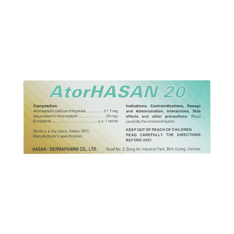 Thuốc AtorHasan 20mg giảm cholesterol và triglycerid trong máu (10 vỉ x 10 viên)